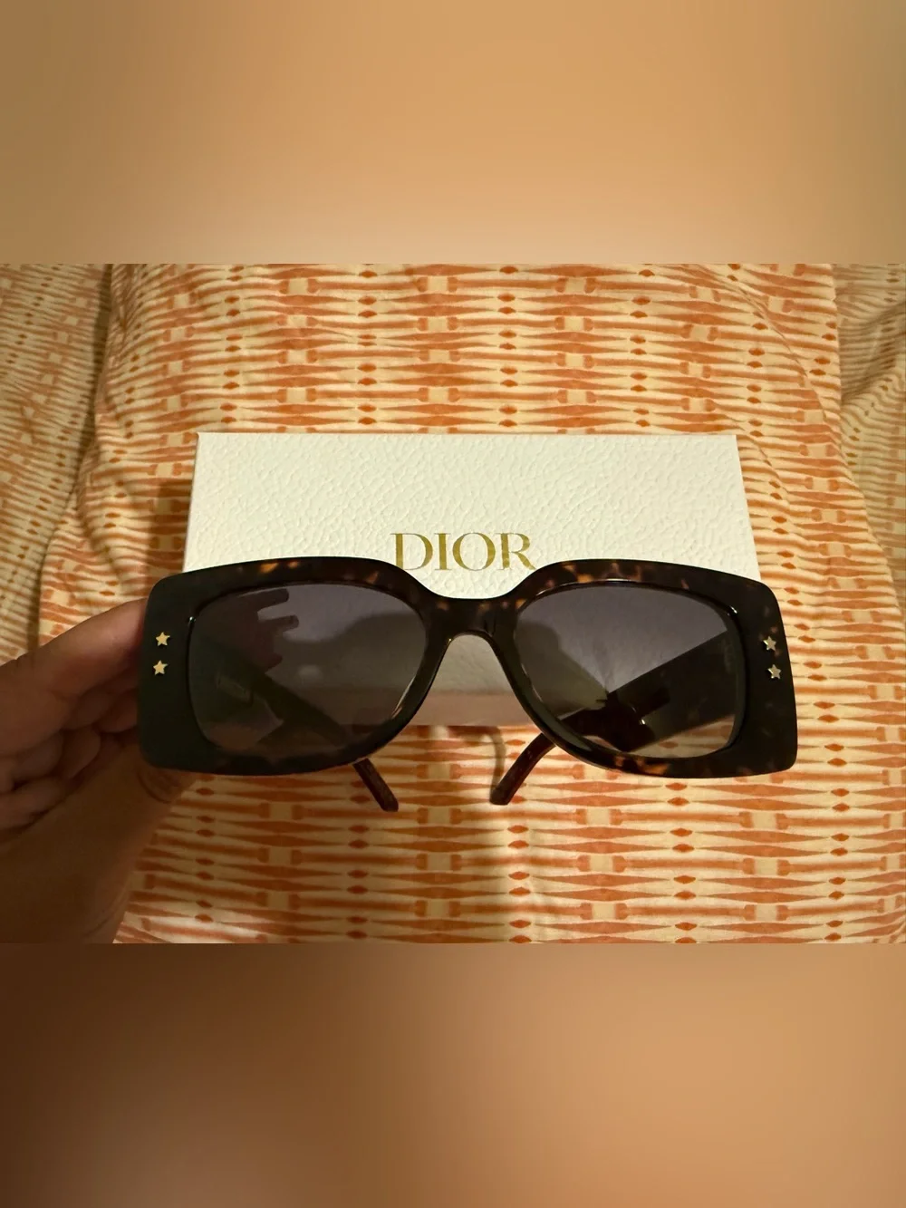 Dior Tortoiseshell & Red Rectangular Sunglasses with Gold Star Accents
